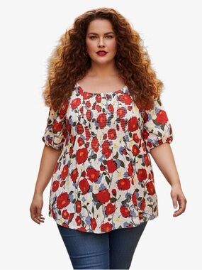 In Every Story Red Poppy Floral Babydoll Blouse Smocked Front Plus Size 2X